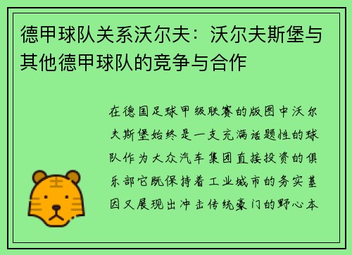 德甲球队关系沃尔夫：沃尔夫斯堡与其他德甲球队的竞争与合作